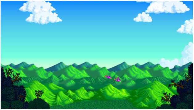 The title screen of Stardew Valley, featuring green hills and blue skies with a few white, fluffy clouds around the edges.