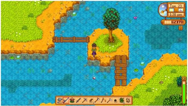 The player character stands on a small island with two plank bridges, fishing in a light blue stream. 